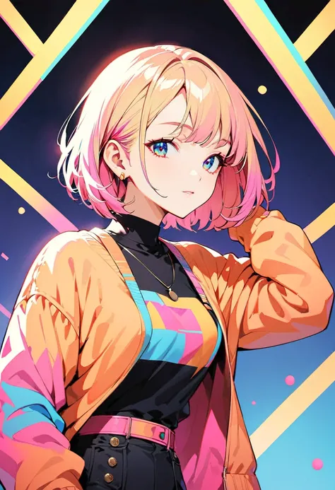 (Highest quality:1.2, City Pop Style, Very detailed, up to date, Vibrant, High Contrast, masterpiece:1.2, Highest quality, Best aesthetics), girl, ((Face Up Shot:1.4)), Colorful Hair, Bobcut, pastel colour, 1980s style, ((Retro, Vintage, Plain background))