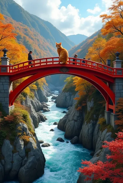 This image depicts a High angle view of the famous Shinkyo Bridge, " have orange cat on the Bridge " a striking red structure that arches gracefully over a flowing blue river. Tourists can be seen walking across the bridge, taking in the scenic beauty of t...