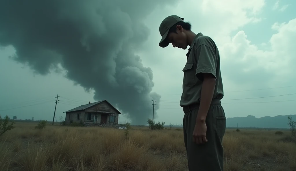 Asian worker from Japan, with a suffering face in a deserted field with a destroyed house behind and a hurricane passing behind, 8k