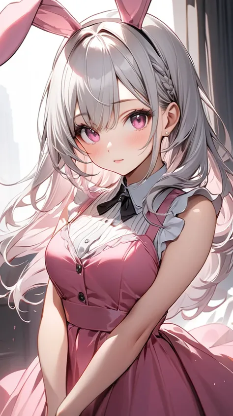 (masterpiece, Highest quality:1.2), Silver Hair,Pink dress,Pink eyes,Bunny ears,one person, one personで,Mid length, girl&#39; Im in love with you, Dynamic Random Shot, Attractive cleavage, elastic thighs, ARW,whole body,front,Gaze, 