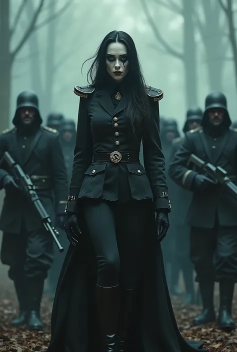 horror theme scenery, a pretty vampire female, abstract style, sinister blue eyes cut through the darkness, ((rank SS-Obergruppenführer)), (((1female leading an army of male nazi vampires that are wearing german schutstaffel soldier uniforms and are equipe...