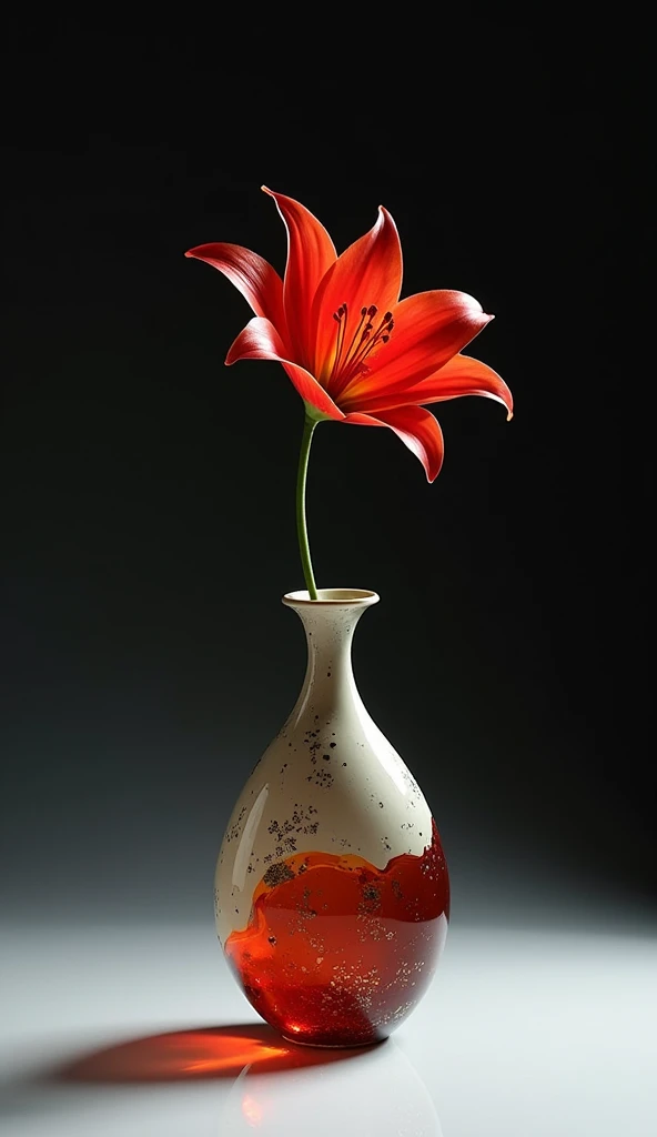 Complete separation and combination of ceramic and transparent glass materials., A vase made of ceramic and transparent glass joined together using the kintsugi technique.., Only one, Simple ceramics and colorful glass."wabisabi"Aesthetics of, A single red...