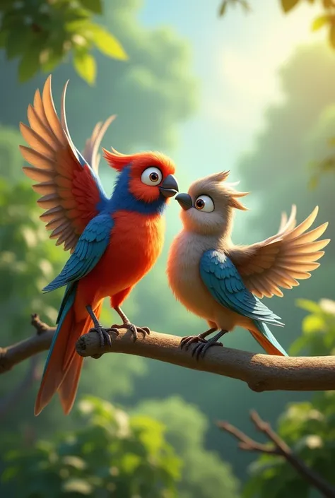 an animation of two birds in the foreground, one male with bright colors and one female with less bright colors