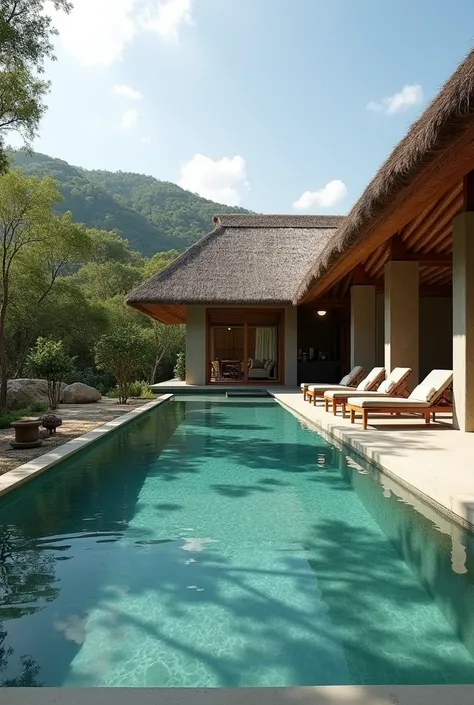  Simple but elegant lodge with a thatched roof and concrete wall restaurant, a large natural swimming pool (10 x 4 m 40 m² 10 x 5 m or 10 x 6 m) with deckchairs. 