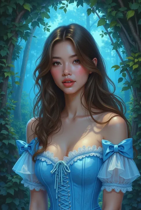 realistic drawing, an extremely beautiful woman, of Brown hair, eyes the color of honey, small nose, full lips, very feminine features, with a light blue dress with flowers and a covered corset, bows on the shoulders, in a magical garden, phosphorescent bl...