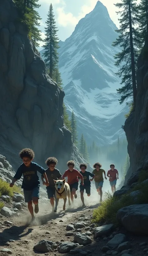 The seven youths are depicted running hurriedly towards a cave in the mountains. A loyal dog follows them, with a background of dark forest and rocky terrain.