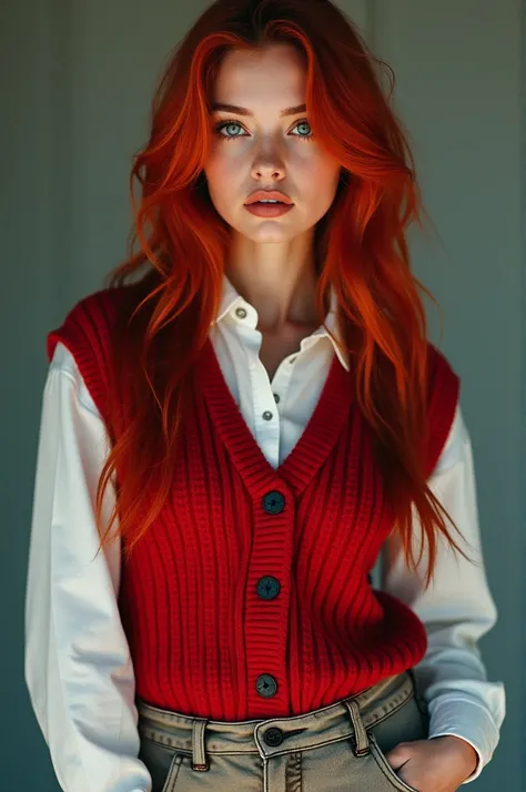 A woman with cherry red hair,blue eyes of 1,68, 19yearsold, wears a red sweater over a white shirt, along with cargo pants and red all star, with a lip piercing