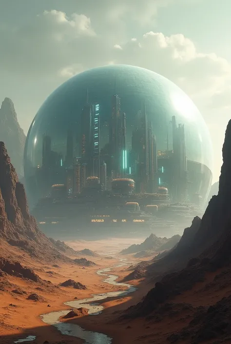 A giant, transparent dome covering a futuristic city on a brown alien planet. Inside the dome, there are tall industrial buildings and factories with lights on. The environment outside the dome is arid and mountainous., with a gray, cloudless sky. The dome...