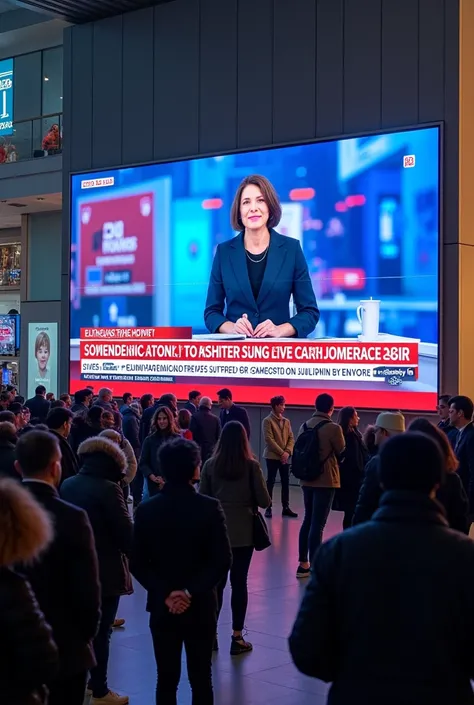 A Big Screen in a wall ,in this big screen a news reporter is reporting news and all the people watching the news