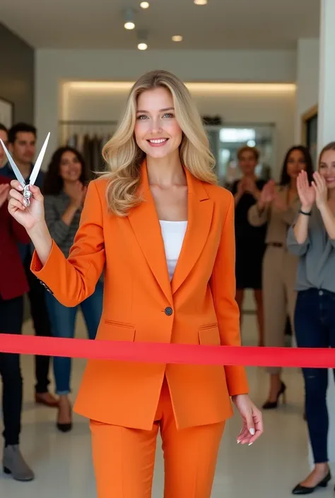 A young blonde woman wearing a orange formal suit who is opening a fashion store with her employees clapping for her while she cuts the string with scissors in her hand looking at the string with a smile on her face