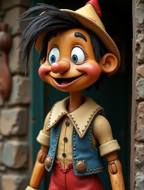 Cross-eyed Pinocchio with northeastern features 