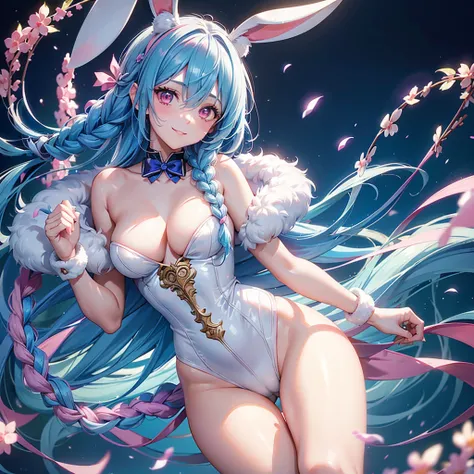 (Tying her sky blue hair into a single braid),(Pink Eyes),Fair skin,whole body,alone,Rabbit costume,Happy smile,(masterpiece, Highest quality, Very detailed), Best Shadow,Detailed Background,Beautifully detailed face,High Contrast,Best lighting, Very delic...