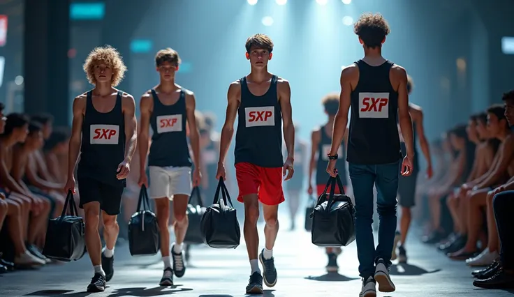 (photorealism:1.2), Groupe of fashion handsome 15 yrs. old, male model, runway show full body holding sports bag pack, tank top casual wear style, SXR logo design, ultra-detailed, film photography, light leaks, trending on sportwear, sharp focus, studio ph...