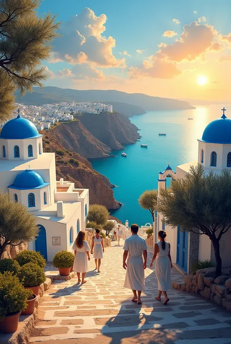 “Paint a breathtaking and radiant Greek landscape with ancient temples and columns bathed in golden sunlight. The Acropolis stands tall in the distance, its white marble gleaming against a bright blue sky. Olive trees dot the hillside, their silver-green l...