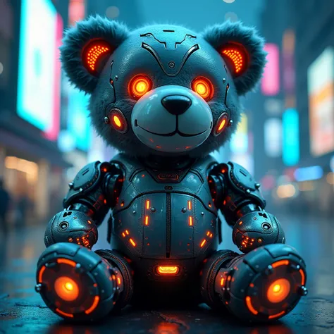 A highly detailed, cybernetic teddy bear with glowing LED eyes and mechanical joints. The fur is made of sleek, synthetic material with metallic accents, featuring holographic patterns across its surface. The teddy bear has a futuristic, sci-fi aesthetic, ...