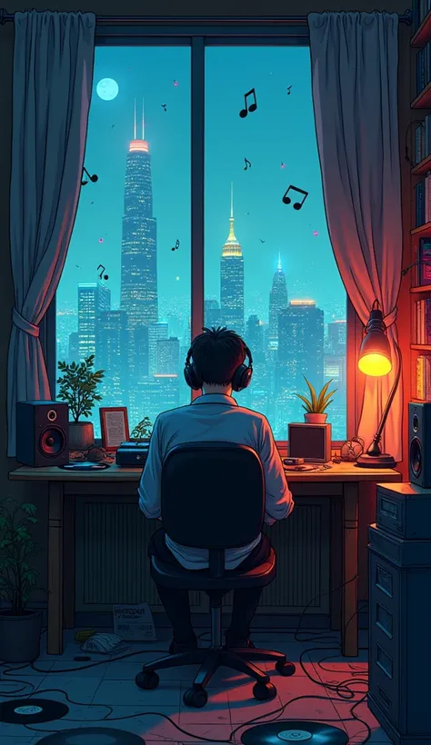 anime illustration of Photo of a man listening to music wearing headphones, Text why you, Super detail, Vintage wave, Cyberpunk, Sad atmosphere, Luminous light through the windows view of a beautiful bright city, nighttime scene, One bedroom, 2D, (shot fro...