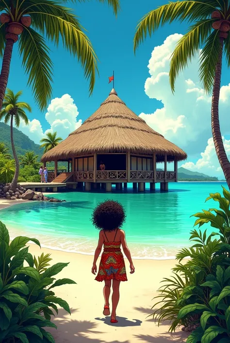 Comic themed. A big maneaba in kiribati with a turquoise lagoon in the background. A girl approaching the maneaba who has tan skin curly hair and wearing traditional kiribati clothing