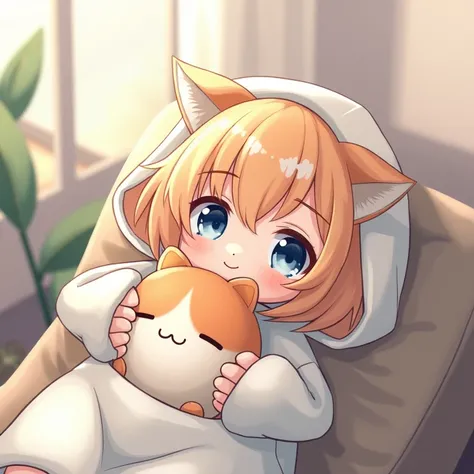 Relaxed room、Lying down with a stuffed cat、White loose hoodie、short hair、Light orange hair、The eyes are navy blue and orange.、Chibi Character、light blue、