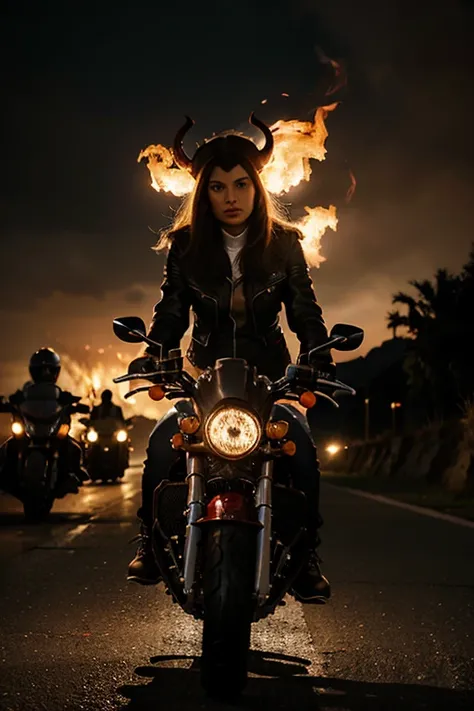 Women on motorcycles with devil horns with flames in the background 