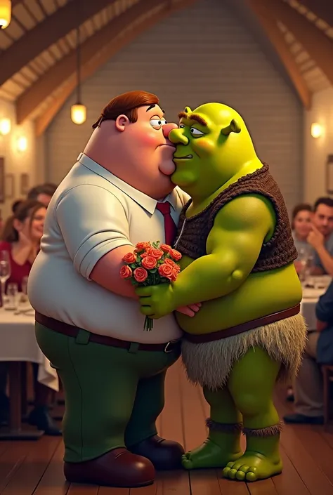 Peter Griffin on a date with Shrek. Kissing 