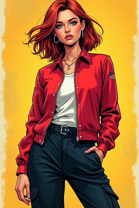 An Italian woman with medium-length cherry-colored hair,blue eyes of 1,68, 19yearsold, wears a red sweater over a white shirt, along with black cargo pants and red all star, with a hoop lip piercing, comic book style art