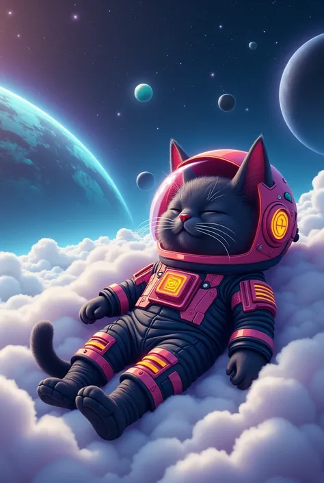 (cute cartoon style:1.3), (((Close-up of a powerful cat sleeping on soft clouds))), (Stylish and complete cyberpunk spacesuit:1.2), ((open head)), dark fur, epic space landscape, black holes, ((Shining stars)), intricate design, bright colors, Masterpiece ...