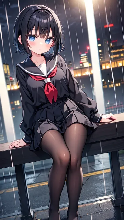 black tights、foot、high school student、night、rain、short hair、Black Hair