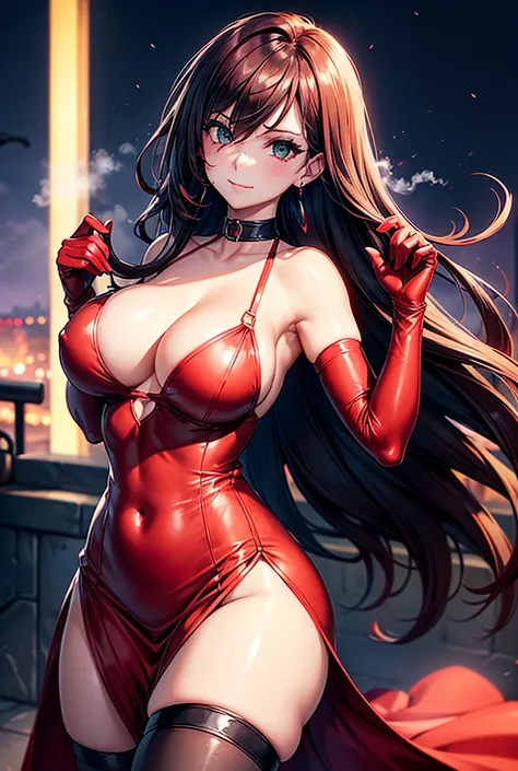 "0" :"score_9, score_8_up, score_7_up, score_6_up, score_5_up, score_4_up, masterpiece, jsca, 1girl, solo, long hair, large breasts, thighhighs, gloves, green eyes, red hair, earrings,dress,elbow gloves, hair over one eye,red dress, lips, makeup, purple gl...