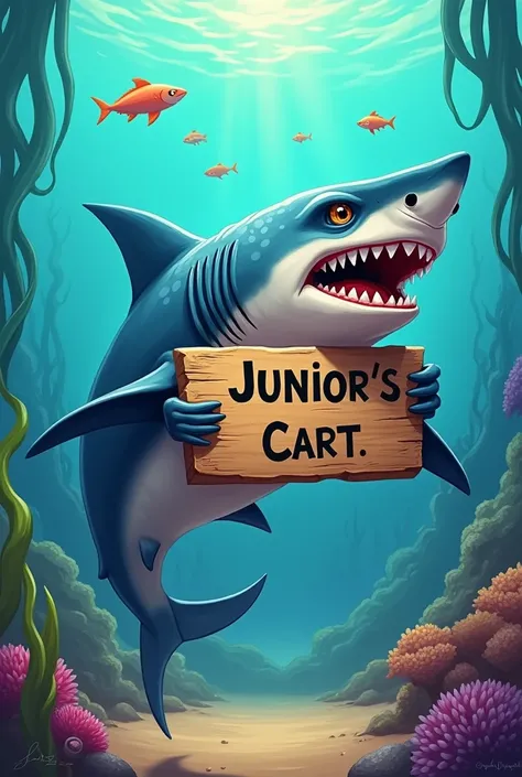 Shark holding a sign that says Junior&#39;s cart 