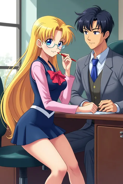 Serena ( sailor moon) a woman with long blonde hair down to her ankles and blue eyes, dressed in a navy blue miniskirt, Pink long-sleeved shirt-type blouse halfway between buttons on her medium-sized breasts, wearing a light blue office vest sitting at a d...