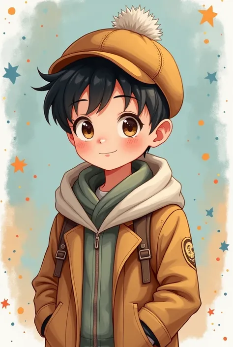 I cute boy anime with cap in coat paint image in cartoon character 
