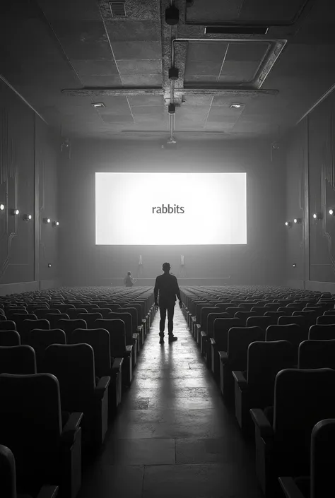 Create a large movie theater with a space-themed movie , being seen through a black and white security camera, with an employee and a ghost, on the movie screen there is the word "rabbits"