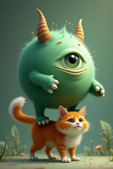 One-eyed green ball, horns and two paws stepping on an orange cat