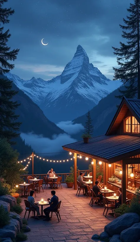 Outdoor cafe with night view on the mountain