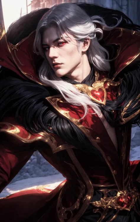 Flowing white hair, intricately designed black and red garment with gold accents, large high collar, luxurious fur trim, glowing red heart-shaped accessory on chest, confident and imposing stance, dramatic lighting with soft shadows, cool-toned outdoor bac...
