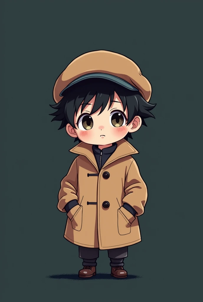 I cute boy anime with cap in coat paint with blank darker background full image in cartoon character 
