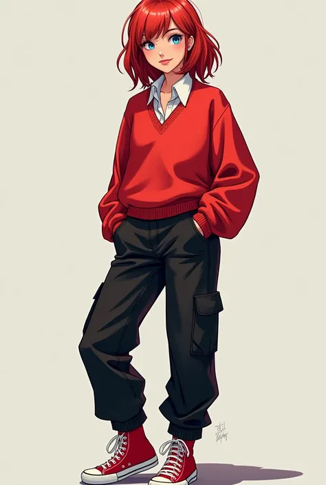 An Italian woman with medium-length cherry-colored hair,blue eyes of 1,68, 19yearsold, red sweater over a white shirt, along with black cargo pants and red all star, with a piercing in the mouth HQ style art