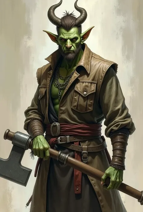 Tiefling, male, commoners clothing, jacket, light Green skin, small curved horns, holding Warhammer thin build, short brown hair, short beard, small pointed ears
