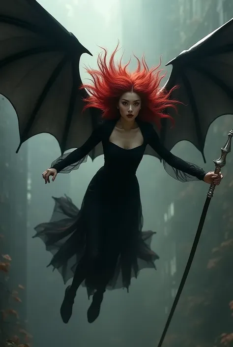 a South Korean woman, dark shaped eyes, dressed as the devil, with black wings, falling, her huge red curly hair flying in the wind, in her hand she holds a silver staff. 