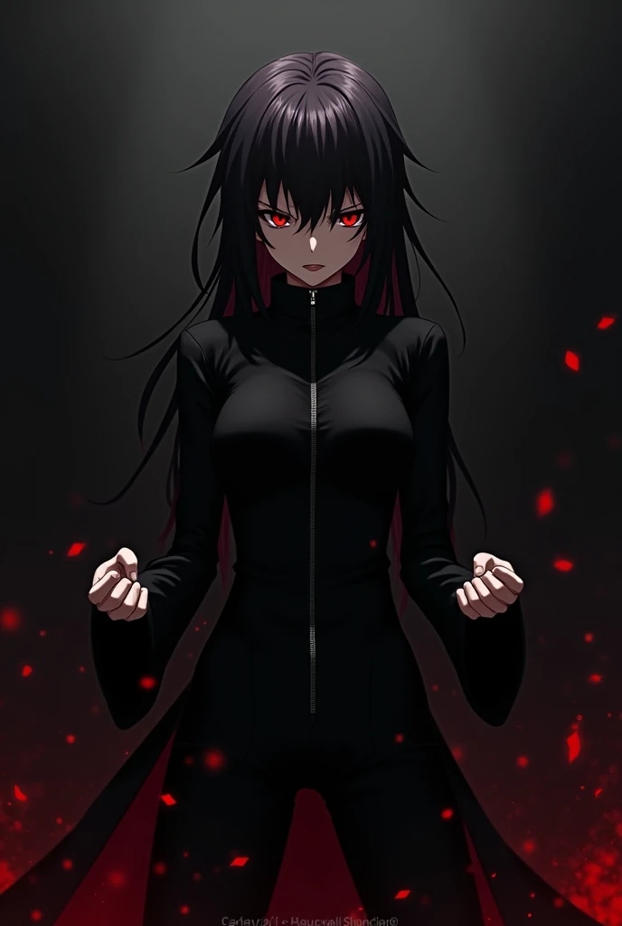 A black anime with black clothes and black background with red eyes in angry face 