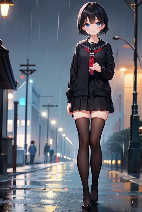 black tights、foot、high school student、night、rain、short hair、Black Hair