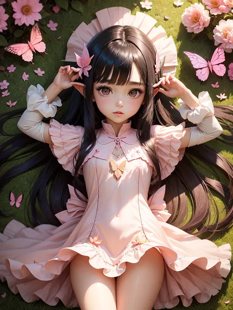 cute little Fairy, pink butterfly, black hair, brown eyes,Light pink dress pointy ears dress made of petals leaves shiny hair, Hime cut, leaf hair accessories, 