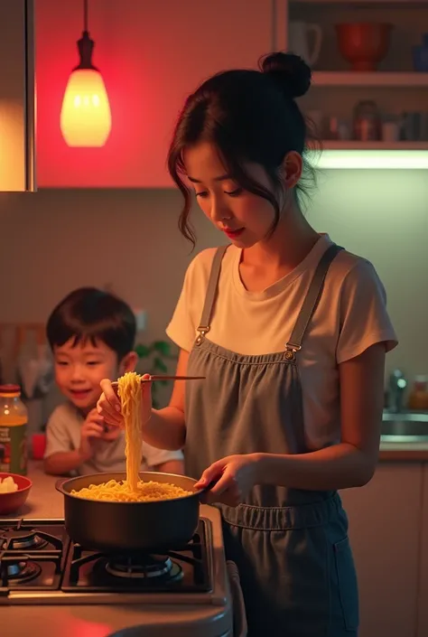 A mom making Maggi in the kitchen with neon light and a boy sitting behind his mom with realistic look