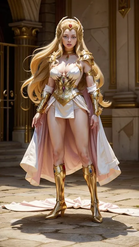 ((Full body photo, standing, on the ground))  masterpiece, best quality, high quality, SheRaQuiron character, panties, pink nipples, white robe, golden armor1girl, Long Hair, High Resolution, Masterpiece, Anatomically Correct, Accurate, 