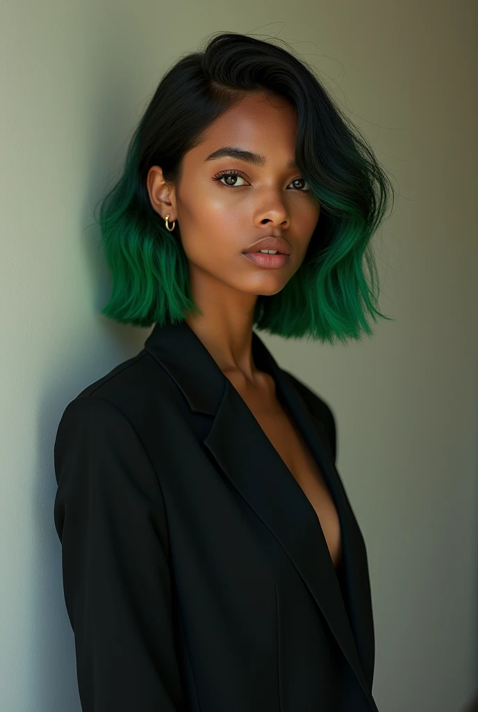 Youngh, 1.80 tall, brown skin, Black and green hair, formal wear and calm personality