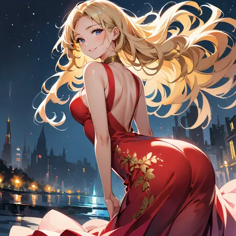 A beautiful girl stunned in a fitted red gown, her curly blonde hair cascading down her back like a golden waterfall. Her bright blue eyes sparkled with mischief as she smirked, her full round lips painted a deep crimson. The dress hugged her slender figur...