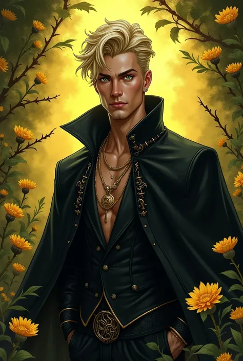 realistic drawing, an extremely handsome man, blonde hair, green eyes, full lips, very masculine traits, and very hard and chiseled features, clean skin, dressed in black with a black cape with gold, in a black magic garden, golden flowers with thorns, pho...