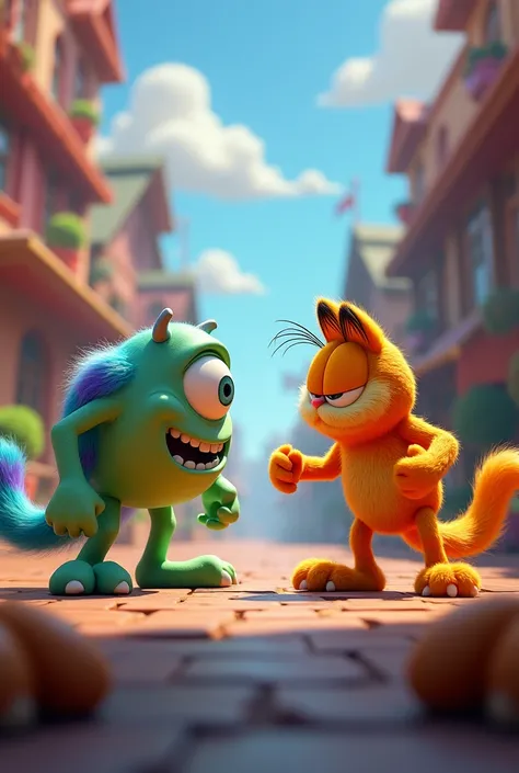 Mike  wazowski y solivan pelean  con 
garfield
