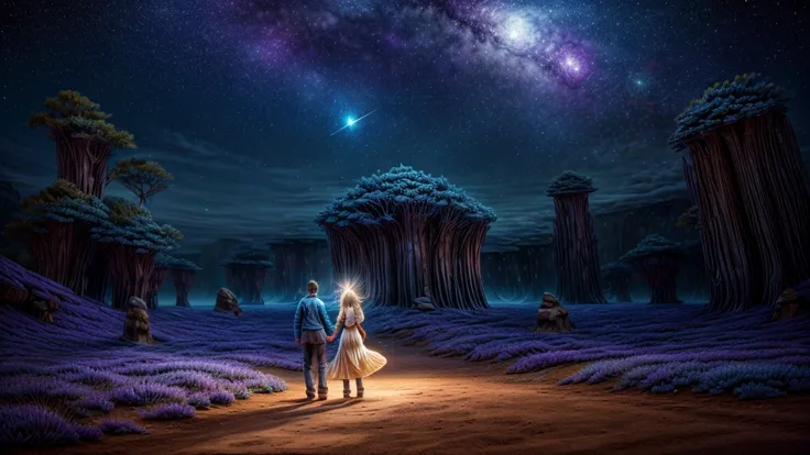 a couple of soulmates, strolling through the universe, celestial city, blue and gold colors, many stars in the sky, spiritual energy, intricate details, cinematic lighting, dreamlike atmosphere, ultra detailed, 8k, highly detailed, masterpiece, photorealis...