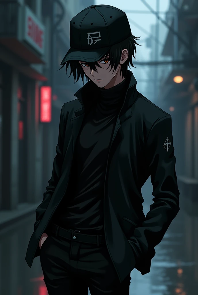 A anime in black clothes with cap 